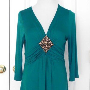 Women's Green Top, Ruched Waist, Low V Neckline, Soft Fabric, Size Small NWT